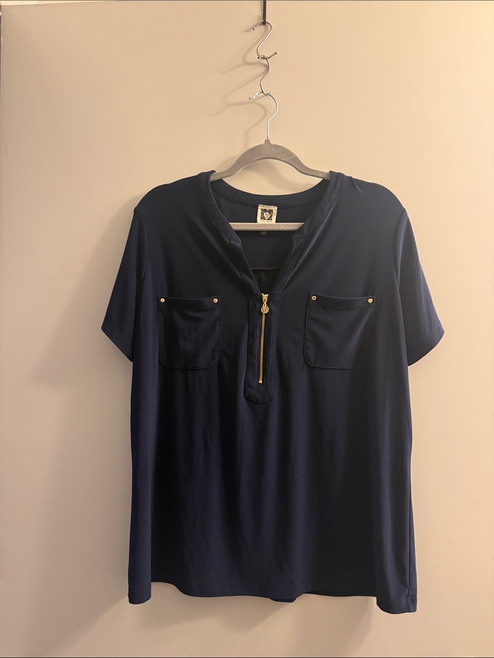Anne Klein Navy Short-Sleeve Top with Gold Zip